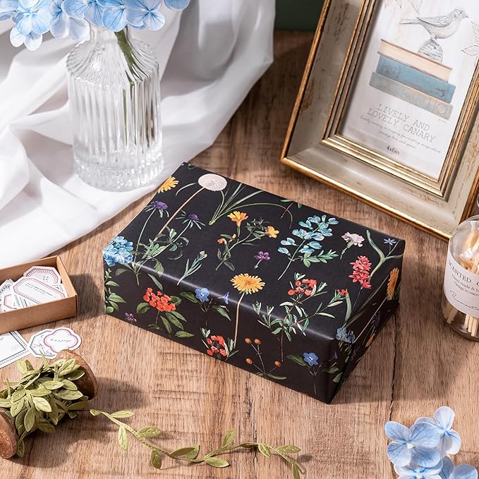 WRAPAHOLIC Kraft Wildflower Wrapping Paper - Mini Roll - 17 Inch x 16.5 Feet - Black Floral Wrapping Paper for Wedding, Birthday, Wedding, Bridal Shower, Drawer Liners, Tea Party