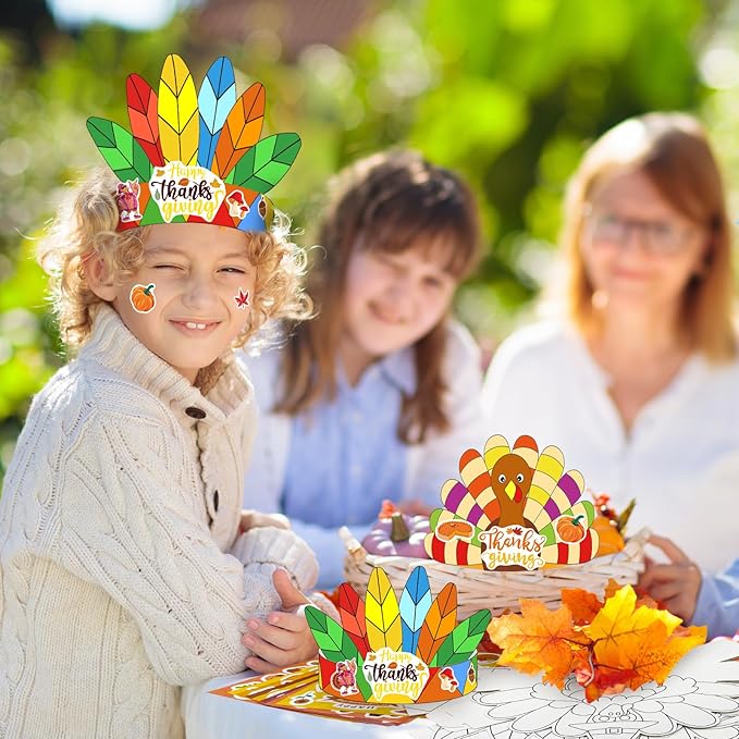 24 Sets Thanksgiving Turkey Craft Kits Fall Thanksgiving Ornaments Decorations Art Sets DIY Autumn Make a Turkey Crafts Stickers Arts and Crafts for Toddler Party Classroom Activities (Hat1)