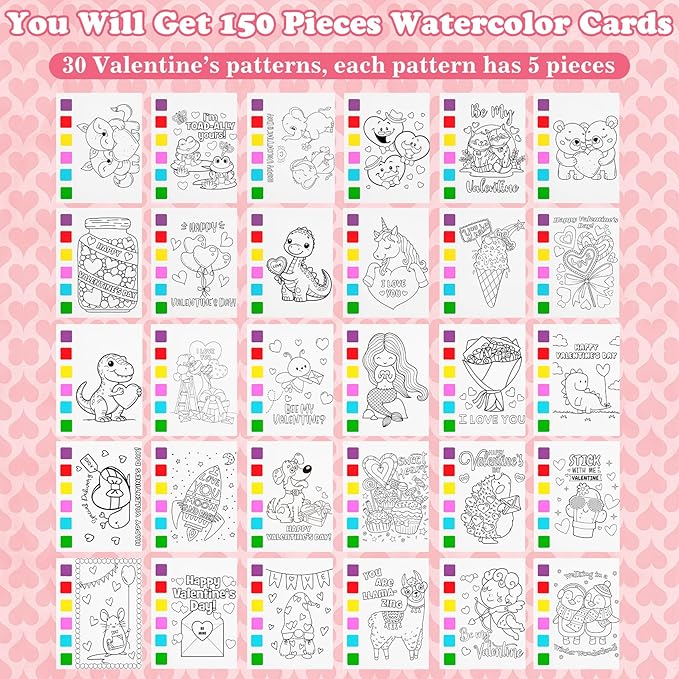 Rotu Valentines Day Gifts for Kids 30 Pack(240 PCS) Valentines Day Cards for Kids School Watercolor Coloring Books with Holiday Cards, Classroom Valentine Exchange Gifts Prizes Party Favors Supplies