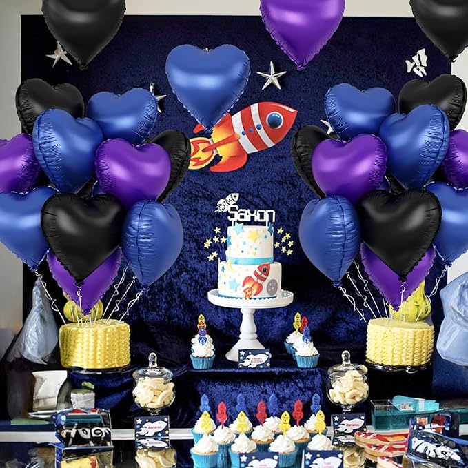 Blue Purple Heart Balloons, 12Pcs 18 Inch Metallic Blue Purple Black Heart Shape Foil Helium Large Balloons for Cartoon Kid Birthday Outer Space Astronaut Theme Baby Shower Video Game Party Decoration