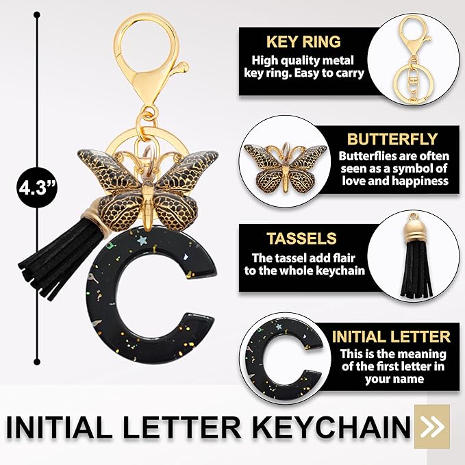 Initial Letter Keychain, Butterfly Keychain Cute Resin, Initial Keychain Backpack Charms, Key chain for Women, Girls