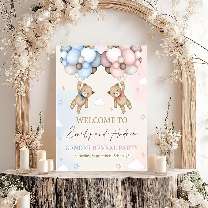 Gender Reveal Welcome Sign – Teddy Bear Balloon Theme,Personalized Teddy Bear Gender Reveal Welcome Sign, He or She Yard Sign, Boy or Girl Gender Reveal Sign, We Can Bearly Wait Gender Reveal .2