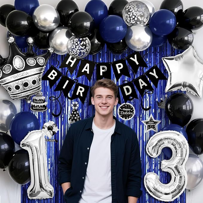 13th Birthday Decorations for Boys and Girls, Black Blue Silver Happy Birthday Number 13 Balloons, Banner, Fringe Curtains Garland Kit - 13 Year Old Party Supplies