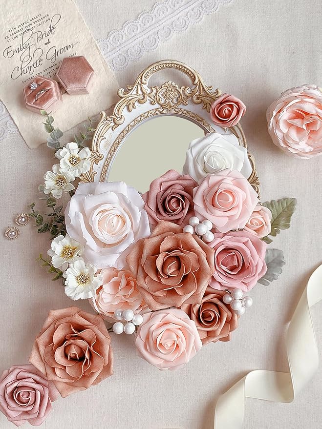 Pink Rose Artificial Flowers Dusty Fake Flower with Stems Bulk for DIY Wedding Bouquets Bridal Baby Shower Centerpiece Table Decorations Silk Faux Floral Arrangements Party Home Decor Indoor