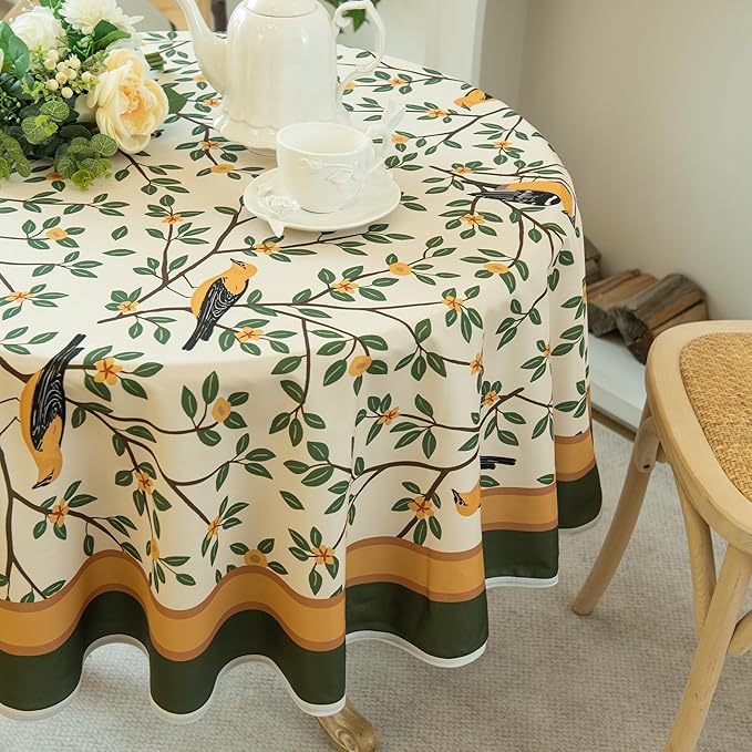French Tablecloth Waterproof, Kumquat and Oriole Vintage Style Print – Stain Resistant, Washable Fabric Table Cover for Dining, Kitchen, Party, Vibrant Nature-Inspired Home Decor, 60" Round