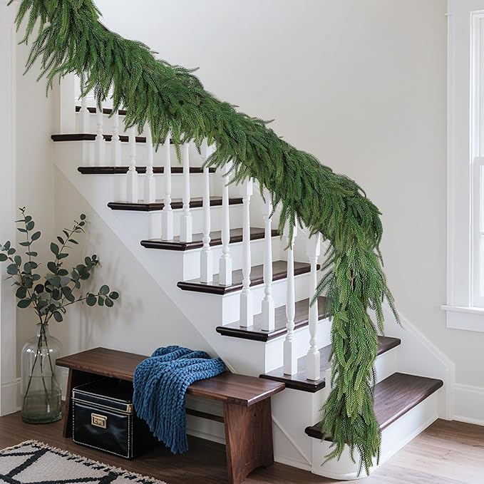 12FT(2*6FT) Real Touch Norfolk Pine Garlands, Realistic Christmas Garland Fire Resistant, Winter Artificial Green Garlands for Mantle, Stairs, Fireplace, Indoor Outdoor Christmas Decorations