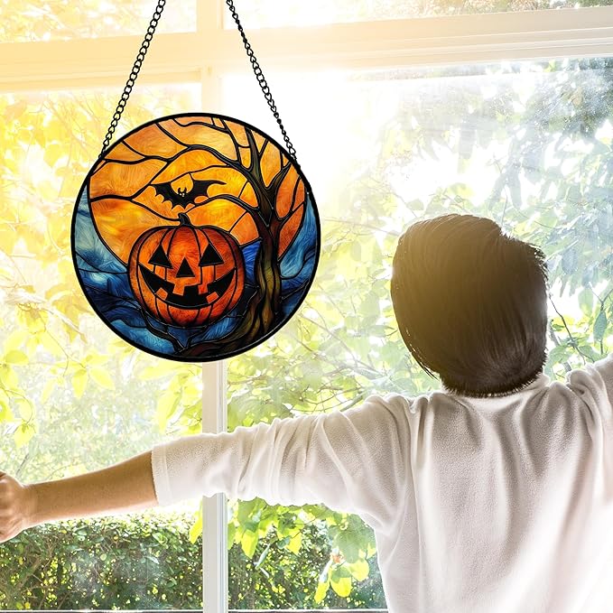 Stained Glass Window Hanging, Pumpkin Bat Moon Tree Suncatcher for Doors Home Sun Catchers Decoration and Christmas, Mother's Day Birthday Gifts for Women, Men, and Mom 7.8 in