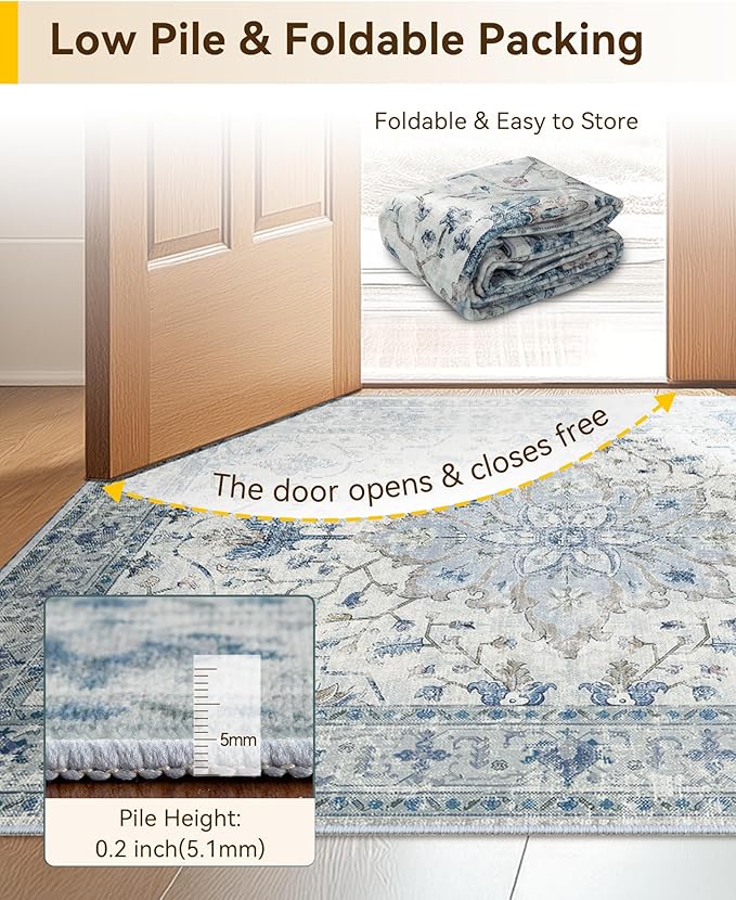 Area Rugs 5ft Washable Non-Slip, Floral Vintage Distress Print Pattern Medallion Carpet for Living Room Bedroom Dining Room, Light Blue Navy Beige Gray White