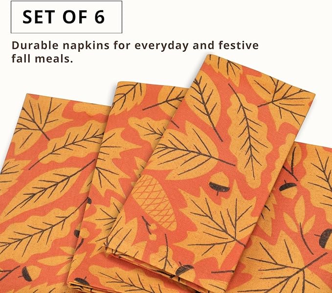 PurpleEssences Fall Napkins, Maple Leaves 18x18 Fall Cloth Napkins Set of 6, 100% Cotton Autumn Fall Harvest Thanksgiving Dinner Napkins for Farmhouse Kitchen, Maple & Hazel