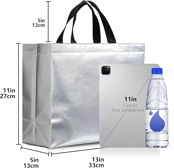 KeerxunBag 12Pcs Reusable Gift Bags（Includes Tissue Paper） Gift bag with handle Birthdays Parties Holidays Weddings Medium 13x5x11in Silver Gift Bags