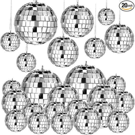 Mtlee 20Pcs Disco Balls Decoration Mirror Disco Ball for Christmas Tree Flies Assorted for Party Decor Hanging Mini Glass Different Size Reflective with Rope for DIY Wedding Music Prom Props