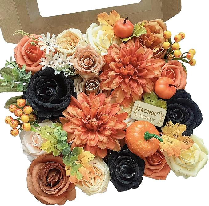 Roses Artificial Flowers Fall Orange Black Bouquet Box Set for DIY Halloween Wreath Autumn Wedding Bridal Shower Decorations Party Table Centerpieces Fake Floral Arrangement Home Decor Indoor