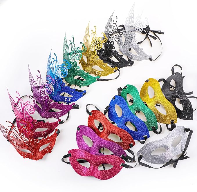 Sratte Couple Masquerade Mask with Feather Flower Unisex Half Face Venetian Mask for Mardi Gras Party