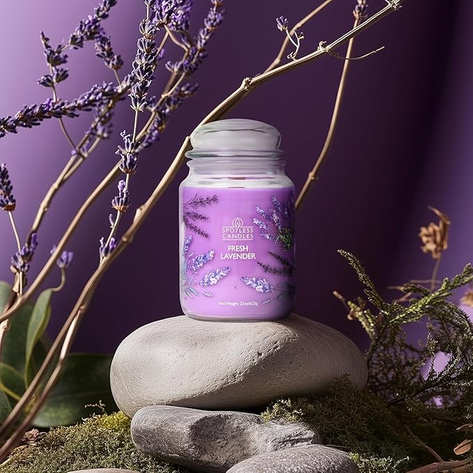 Fresh Lavender Candle 22oz Glass Jar with Wooden Wick in a Decorated Jar Within a Presentation Gift Box and Protective Shipping Box