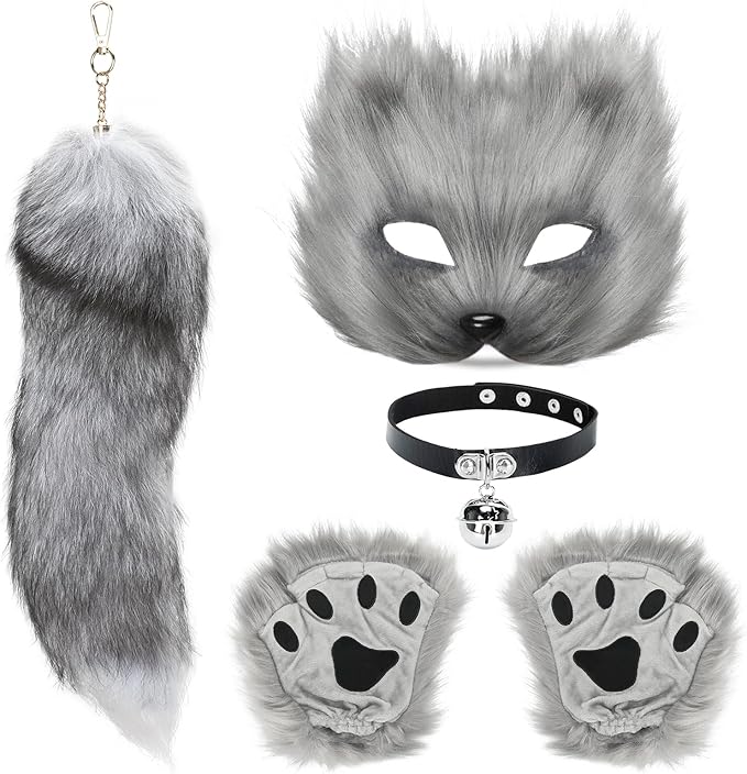 BADALU Therian Cat Mask and Tail Set - Furry Fox Wolf Mask with Leather Choker and Faux Fur Tail - Halloween Cosplay Party