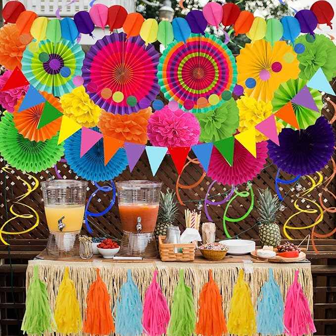 ZERODECO Party Decorations, 41 Pcs Multicoloured Papar Fans Pompoms Garlands String Tissue Paper Tassel for Fiesta Mexican Theme Cinco De Mayo Coco Carnivals Festivals Birthday Party