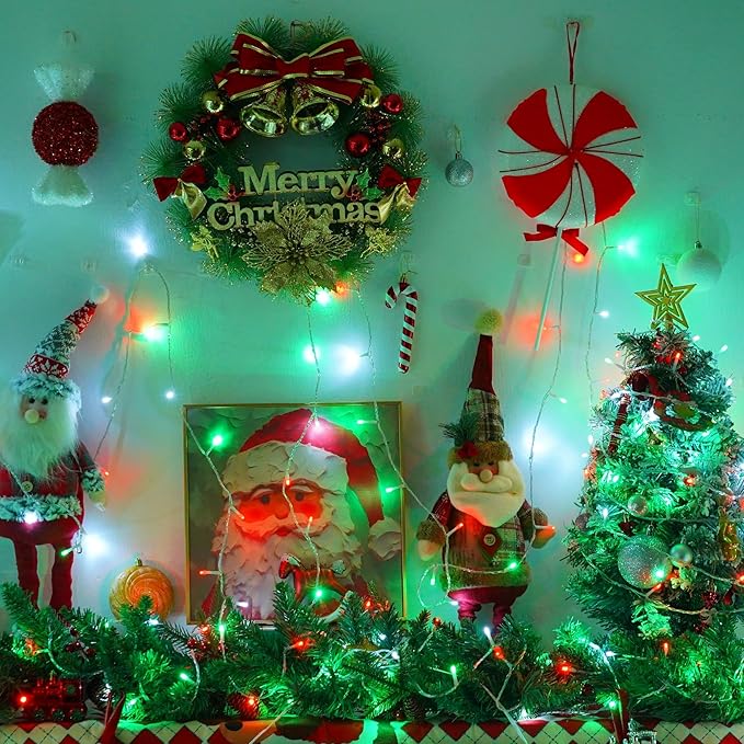 YEGUO 165ft 500 LED Christmas Lights Outdoor Waterproof, Clear Wire String Lights Indoor Plug in, 8 Modes Clear Wire Twinkle Tree Light for Xmas Party Garden(Red White and Green)