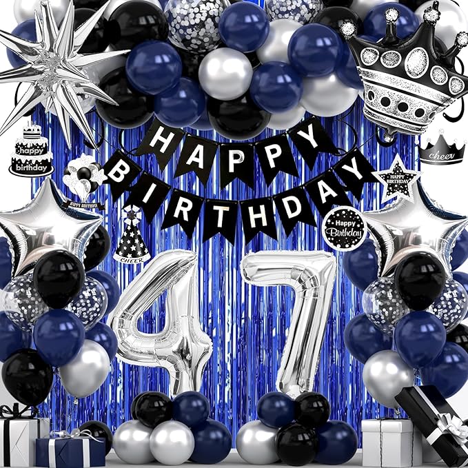 47th Birthday Decorations for Men and Women, Black Blue Silver Happy Birthday Number 47 Balloons, Banner, Fringe Curtains Garland Kit - 47 Year Old Party Supplies