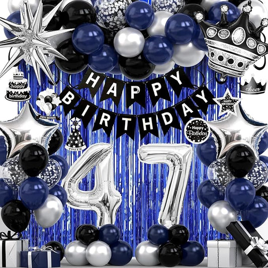 47th Birthday Decorations for Men and Women, Black Blue Silver Happy Birthday Number 47 Balloons, Banner, Fringe Curtains Garland Kit - 47 Year Old Party Supplies