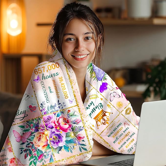 75th Birthday Gifts for Women Blanket, Fun Purple Butterfly Flower Throw Blanket Unique Gifts for 75 Year Old Woman, 75th Birthday Decorations for Women, Super Soft Warm Plush Flannel Blankets 80"X60"