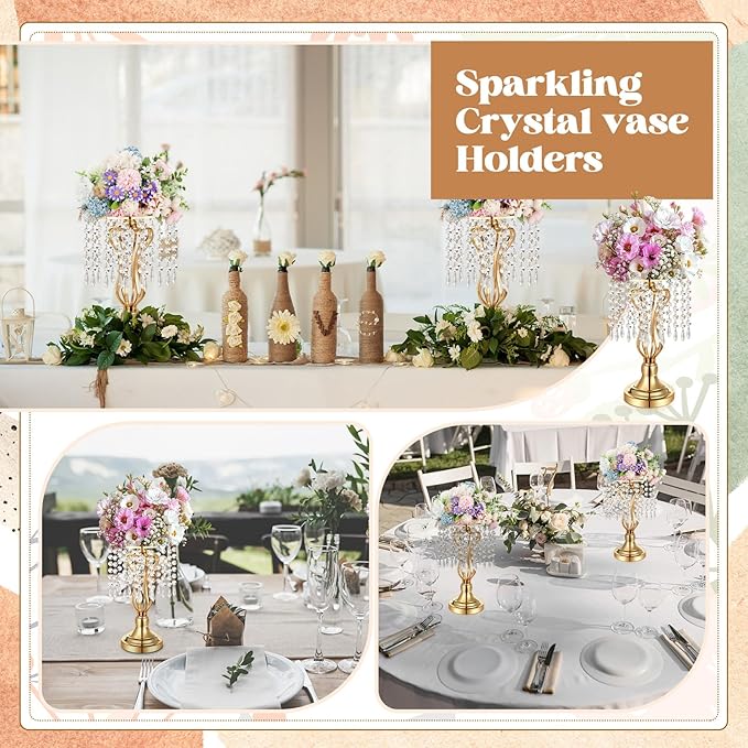 16 Pcs Wedding Centerpieces for Tables, Gold Silver Vase Centerpiece with Chandelier Crystal Metal Flower Stand, Tall Flower Vases for Wedding Party Home Decoration(Gold,12.6)