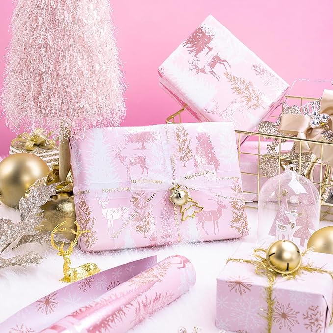 RUSPEPA 30" X 32.8' Reversible Christmas Wrapping Paper Large Paper Roll, Jumbo Roll, Rose Gold Foil Pink Reindeer and Tree Design, Snowflakes Gift Wrap for Girls, Women, Friends, Xmas Holiday Gifts