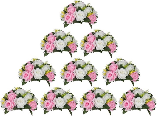 BLOSMON Flower Balls Rose Centerpieces: 10 Pcs Pink White Fake Flowers Kissing Balls Decor Artificial Wedding Floral Arrangements Silk Flower Bouquet with Base Home Party Room Table DIY Decorations