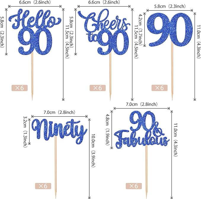 30PCS Happy 90th Birthday Cupcake Toppers Glitter Ninety Cheers to 90 Years Old Birthday Cupcake Picks Hello 90 Fabulous Cake Decorations for Happy 90th Birthday Anniversary Party Supplies Blue