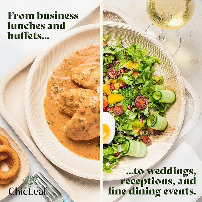 Chic Leaf All Natural Compostable & Disposable Rectangular 13" x 9" Palm Leaf Serving Tray for Events, Thanksgiving, Charcuterie Board, Catering & Weddings - Disposable Plates Party Supplies (10 pc)