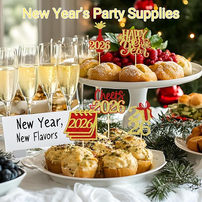24 Pcs Happy New Year Cupcake Toppers Glitter 2026 Cupcake Picks Fireworks Hello 2026 Cake Decorations for Cheers to 2026 Happy New Year Party Supplies (Red & Gold)