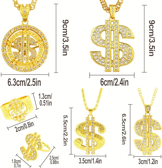 6 Pack Fake Gold-Colored Dollar Sign Chain Necklace Ring for 80s 90s Hip Hop Costumes Outfit, Rapper Jewelry for Men Women