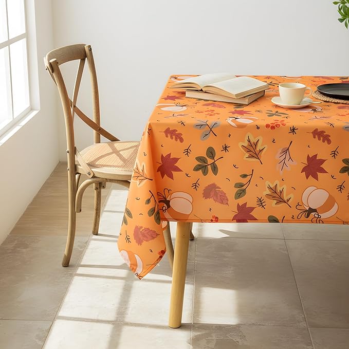 Thanksgiving Waterproof Tablecloth – Fall Harvest Pumpkins, Maple Leaves & Berries Print – Autumn Rectangle Table Cover for Dining or Party, Brown, W52 x L70 in