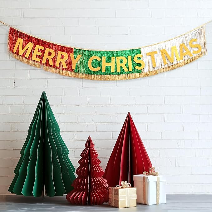 HOUSE OF PARTY Christmas Banner | Merry Christmas Sign with Tinsel Garland Wall Hanging Curtain Backdrop Pre-Strung 6 Feet | Xmas Mantel Decorations Indoor Hanging