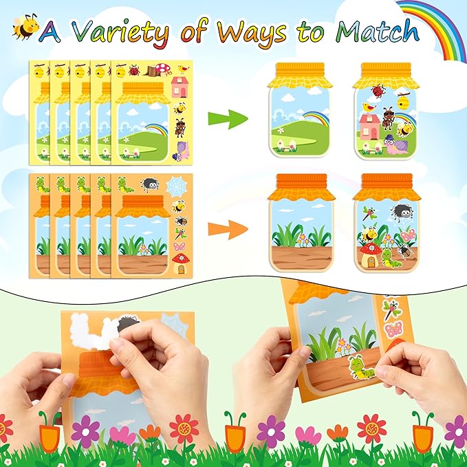CY2SIDE Summer Bugs Jar Scene - 40PCS Insects Make a Face Sticker Sheets for Kids DIY Your Own Summer Animal Ladybug Bee Craft Games for School Classroom Activities Holiday Party Favor Gifts for Girls