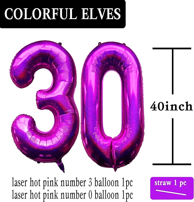 Laser Hot Pink Number 30 Balloons 40 Inch Giant Number Pink 30 Foil Mylar Balloons for 30th Birthday Anniversary Events Party Decorations