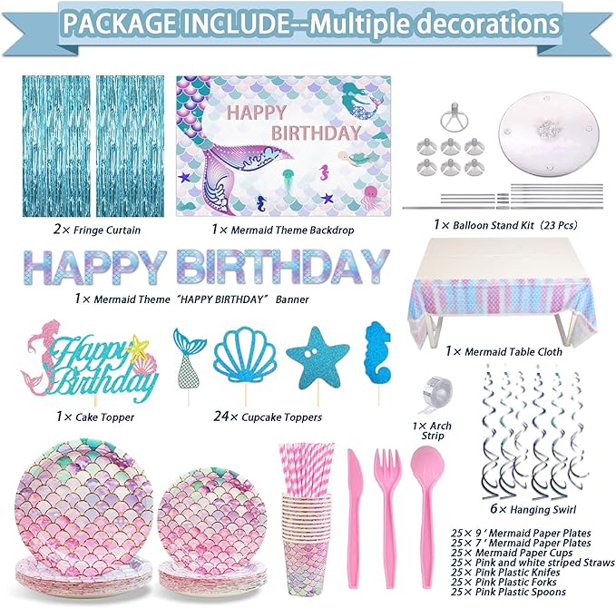 299 Pcs Mermaid Birthday Decorations, Mermaid Party Decorations Kit - Disposable Dinnerware Set with 25 Guests, Backdrop, Balloon, Banner, Tablecloth, Knives, Forks, Spoons, CakeTopper