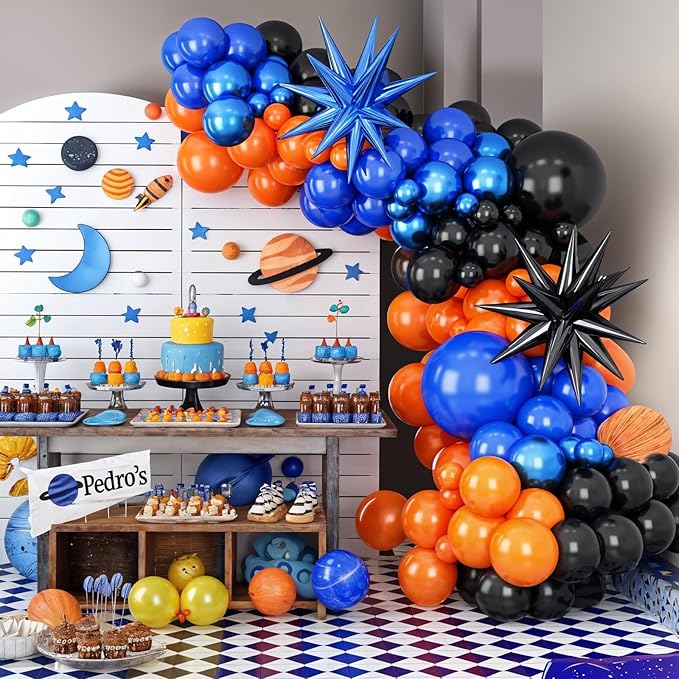 Black Orange Blue Balloon Arch Kit,Royal Blue Black Balloon Garland with Star Foil Balloons for Birthday Graduation Basketball Party Decorations
