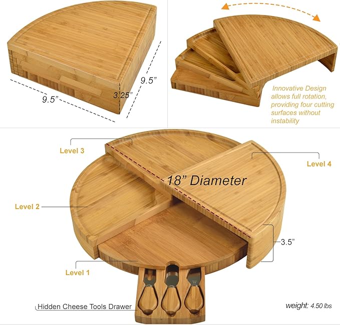 Picnic at Ascot Patented Bamboo Cheese/Charcuterie Board with Cheese Knife Set - Stores as a Compact Wedge - Opens to 18" Diameter - Designed & Quality Checked in USA