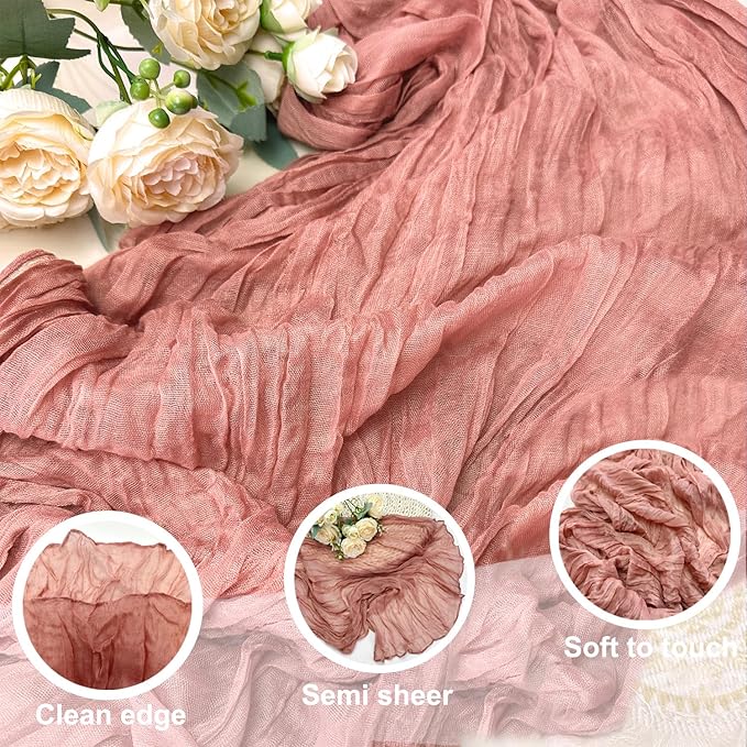 Booque Valley Dusty Blush Cheesecloth Table Runner 10ft Super Soft Boho Wrinkled Gauze Sheer Cloth for Baby Shower Baptism Birthday Party Wedding Centerpiece Table Decoration, 35x120 Inch