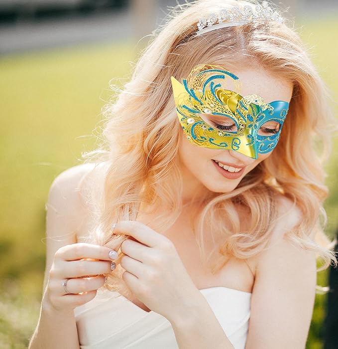 2025 New Gold and Blue Masquerade Mask for Women-Butterfly Masquerade Eye Mask - Peacock Metal Filigree Venetian Masks-Perfect for Halloween Parties, Costume Party, Carnivals, Wedding