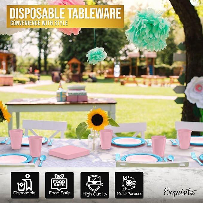 Party Solids 350 Pieces Gender Reveal Plastic Plates For Party, Gender Reveal Disposable Plates Set, 50 Of Each 9" Dinner Plate Set, 7" Dessert Plate, Cups, Napkins & Cutlery Plastic Dinnerware