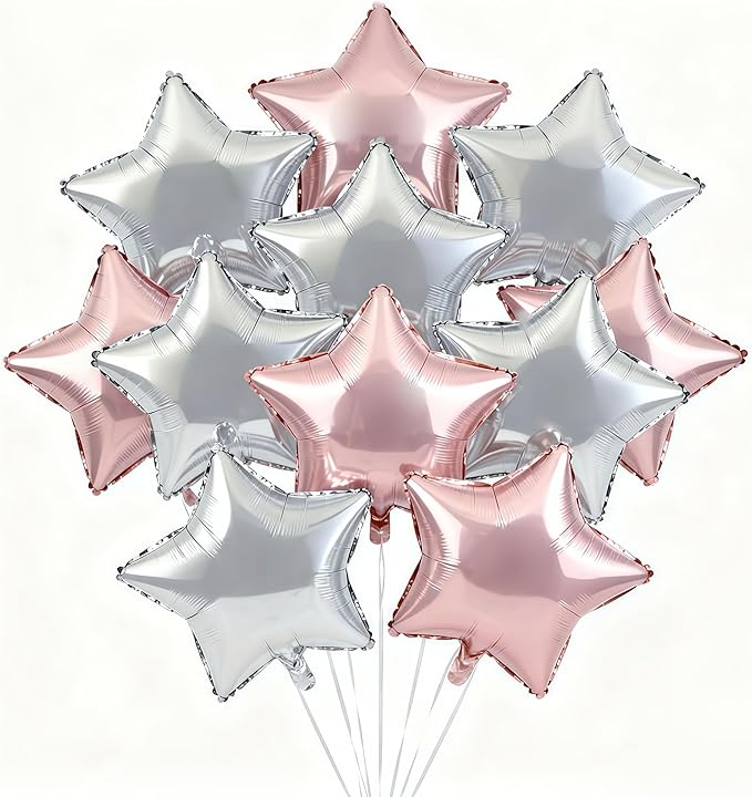 Star Balloons,12Pcs Pink Silver Star Shaped Foil Balloons,18 Inch Large Helium Polyester Film Balloon for Baby Shower Birthday Anniversary Party Decorations