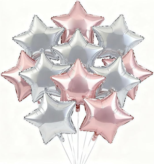 Star Balloons,12Pcs Pink Silver Star Shaped Foil Balloons,18 Inch Large Helium Polyester Film Balloon for Baby Shower Birthday Anniversary Party Decorations