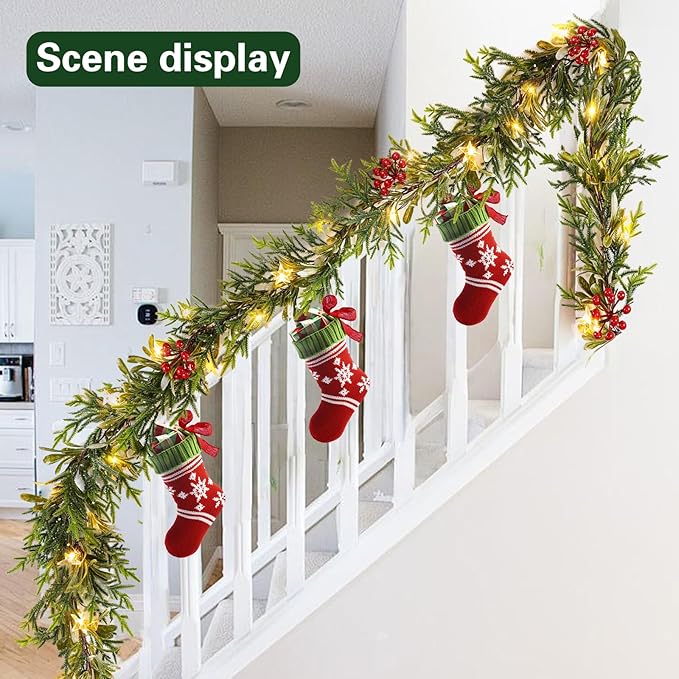 Pre-lit Christmas Garland with Lights, Battery Operated Garland with Star Berry Faux Spruce for Outdoor Indoor Mantle Holiday Decorations 6FT 20LED