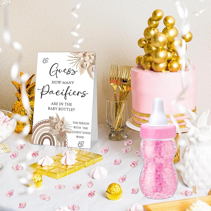 Roowest 512 Pcs Baby Shower Games Guess How Many Pacifiers Sign 100 Small Guessing Games 10 HB Pencils 750ml Milk Bottle 400 Acrylic Pacifiers Decoration for Guest Gender Reveal(Pink,Sunshine)