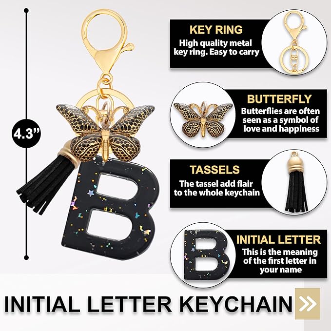 Initial Letter Keychain, Butterfly Keychain Cute Resin, Initial Keychain Backpack Charms, Key chain for Women, Girls