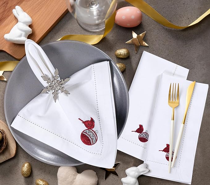 Homidate Cloth Dinner Napkins Set of 12 – 18x18 100% Cotton Silver with Red Embroidery – Machine Washable Reusable Napkins for Weddings, Parties, Dining & Holiday Events