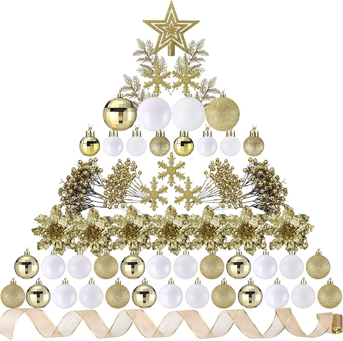 Sratte 94 Pcs Christmas Tree Decorations Set, Christmas Tree Ball Ornaments Glitter Poinsettia Flowers Decorations Glitter Berries Stems for Xmas Holiday Wedding(White, Gold)
