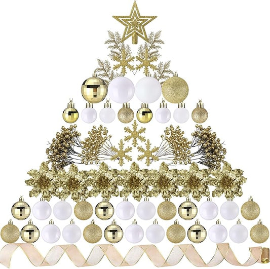 Sratte 94 Pcs Christmas Tree Decorations Set, Christmas Tree Ball Ornaments Glitter Poinsettia Flowers Decorations Glitter Berries Stems for Xmas Holiday Wedding(White, Gold)