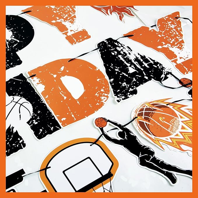 SUNBEAUTY Basketball Happy Birthday Banners，Basketball Themed Party Decorations, Basketball Themed Party Supplies Basketball Slam Dunk Garland Birthday Party Bunting Sign for Kids Teenagers Boys Men
